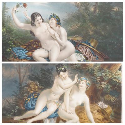 two pictures of a couple of nudes in a wooded setting