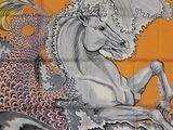 painting of a white horse on a yellow background with a peacock on its back