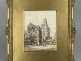 a painting of a city scene with a horse drawn carriage in front of a building
