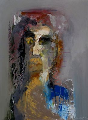 un tableau représentant une femme portant un chapeau rouge et des lunettes