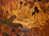 un tableau représentant un tigre et d'autres animaux dans la jungle
