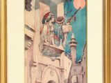 painting of a man and woman sitting on a ledge with a bird in their hand