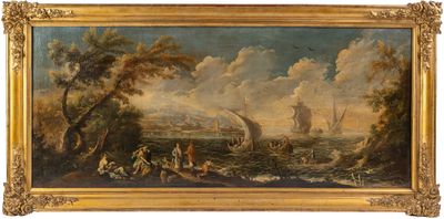 une peinture à l'huile représentant un paysage avec des bateaux sur l'eau