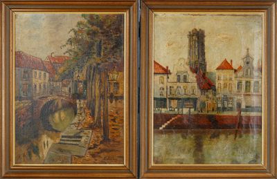 deux tableaux représentant une ville avec un pont et un bâtiment