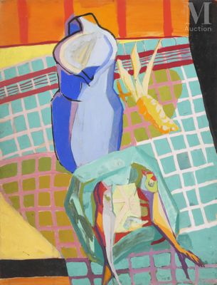 une peinture d'une peinture d'un vase bleu sur une table