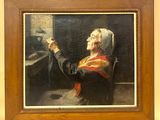 painting of an old woman holding a glass of wine in front of a window