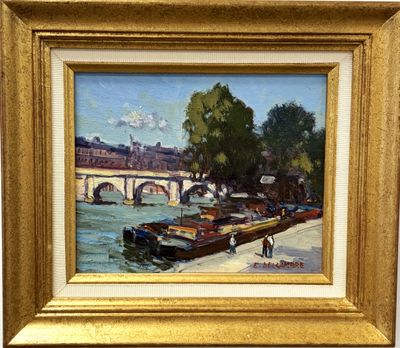 un tableau représentant des bateaux sur l'eau près d'un pont
