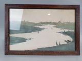 framed picture of a river scene with boats on the water