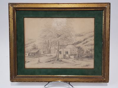 framed drawing of a farm scene with a house in the background
