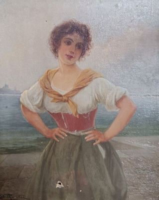 tableau représentant une femme en robe verte debout sur une plage