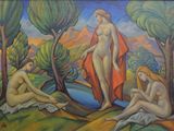 painting of three nudes in a landscape with trees and a stream