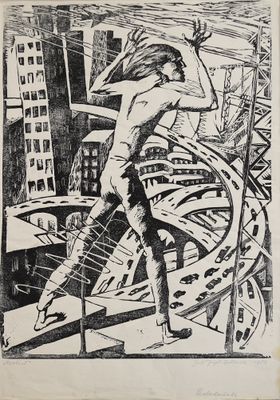 une image représentant un dessin en noir et blanc d'un homme dans un escalier