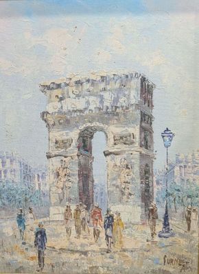 tableau représentant des personnes marchant devant une arche en pierre