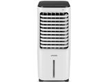 a white and black air cooler sitting on top of a white table
