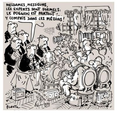 une image représentant un dessin humoristique montrant un groupe de personnes dans une pièce