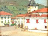 a painting of a town with a clock tower in the background