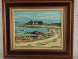 painting of a beach scene with boats and a house in the background