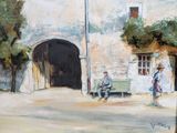 painting of a couple of men sitting on a bench in front of a building