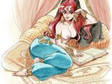 an illustration of a woman in blue pants sitting on a bed with a book