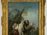 a painting of a family with a child and a dog in a landscape