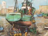 a painting of a boat that is sitting in the water