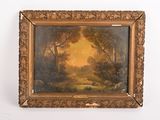 tableau représentant un paysage avec des arbres et une rivière, dans un cadre doré