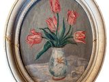 une peinture de fleurs dans un vase sur une table