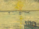 tableau représentant un groupe de personnes sur un bateau au milieu de l'eau