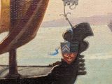 an oil painting of a gondola with a man in a mask on it