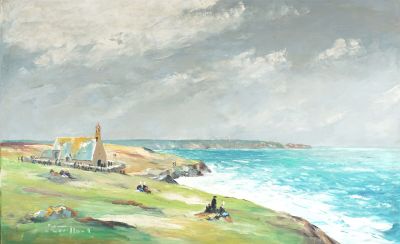 une peinture représentant une peinture d'un phare sur la plage