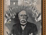 an old picture of a man in a suit and tie with a dove above him