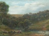 une peinture représentant une peinture où figurent des personnes et des animaux dans un champ