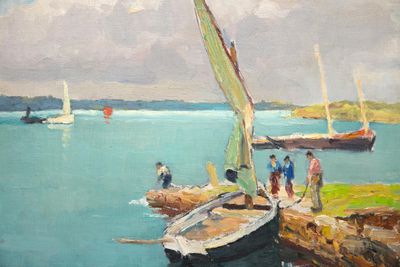 painting of a group of people standing on a dock next to a sailboat