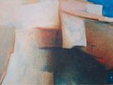 a painting of a building with a clock on top of it