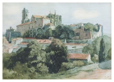 painting of a view of a town with a church on top of a hill