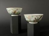 pair of chinese porcelain bowls on pedestals with birds and flowers