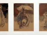 trois dessins représentant une femme avec un parapluie et un homme avec un chapeau