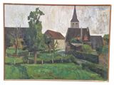 painting of a village with a church and a stream in the foreground