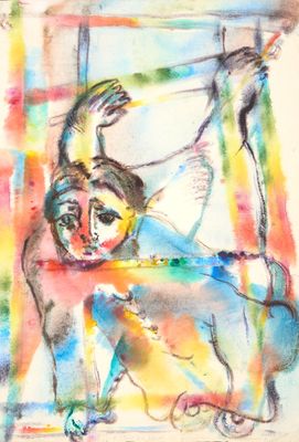 une image représentant une aquarelle d'une femme sur une balançoire