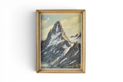 painting of a mountain range with snow capped peaks in a gold frame