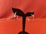 a close up of a pair of hoop earrings on a stand