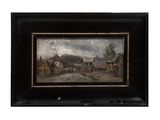 une peinture à l'huile d'une scène de ferme avec une voiture à cheval