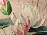 painting of a painting of a waterlily with pink flowers and green leaves