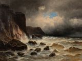une image représentant un tableau où l'on voit des vagues se briser contre une falaise rocheuse