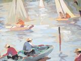 painting of a group of people on a boat in a body of water