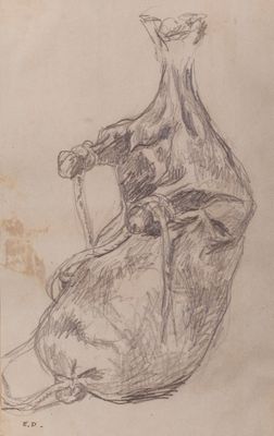 dessin représentant une vache couchée sur le dos, une bouteille de vin à la bouche