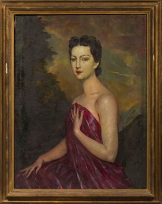 tableau représentant une femme en robe rouge assise devant une montagne