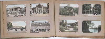 un livre contenant des images d'un bâtiment et de personnes à l'intérieur