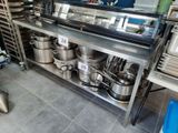 many pots and pans on the counter in the kitchen
