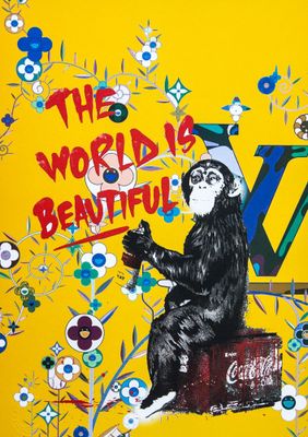 a painting of a monkey sitting on top of a box